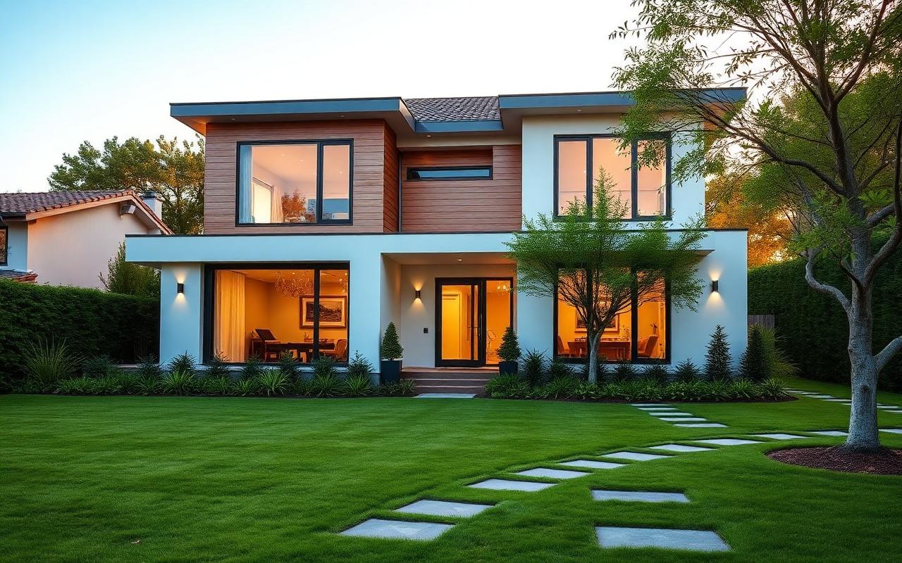 Modernes Einfamilienhaus mit gepflegtem Garten und warmer Abendbeleuchtung