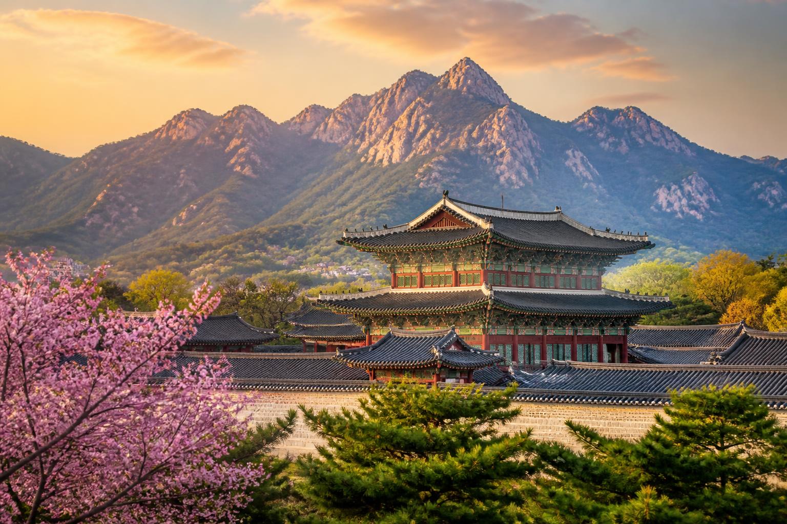 Gyeongbokgung, der historische Palast in Seoul, mit Bergen im Hintergrund