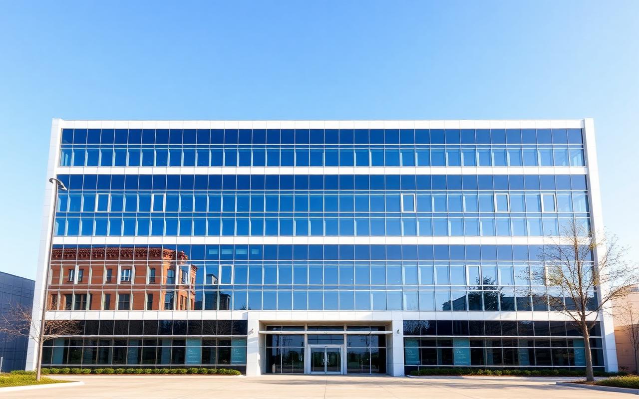Großes modernes Geschäftsgebäude mit Glasfassade unter klarem Himmel