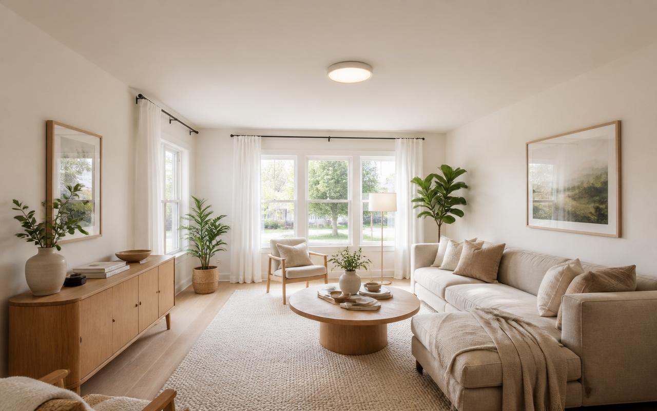 Helles und komfortables Wohnzimmer mit großen Fenstern und natürlichem Licht