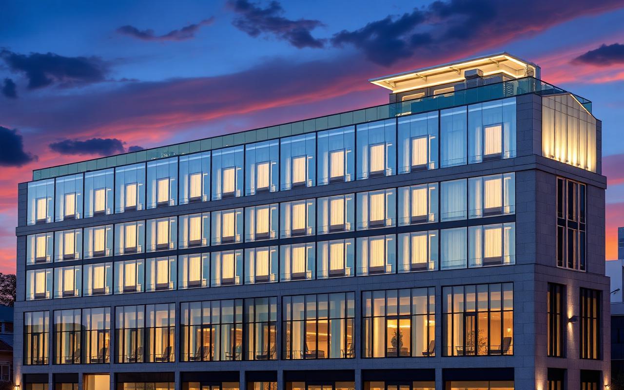 Elegante Glasfassade eines modernen Hotels in der Dämmerung